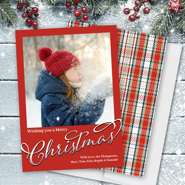 Merry Christmas Classic Calligraphy Red Plaid  Holiday Card (Silver calligraphy script photo Holiday card. )