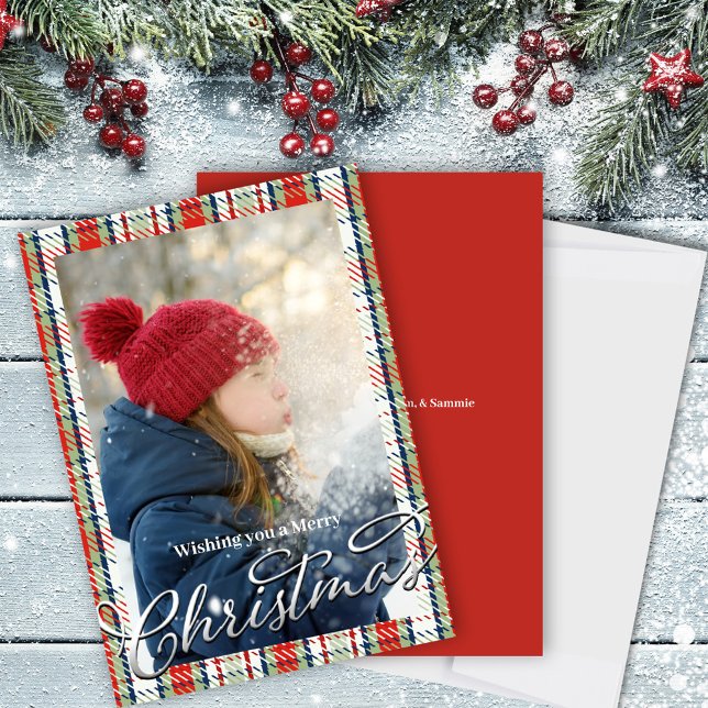 Merry Christmas Classic Calligraphy Red Plaid Holiday Card (Merry Christmas Silver gradient typography script. )