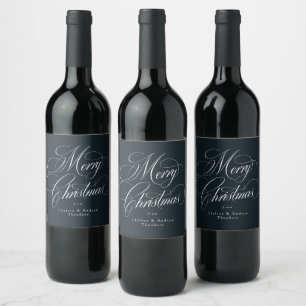 Merry Christmas classic elegant navy blue holiday Wine Label