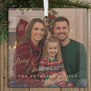 Merry Christmas classic gold script family photo Glass Tree Decoration