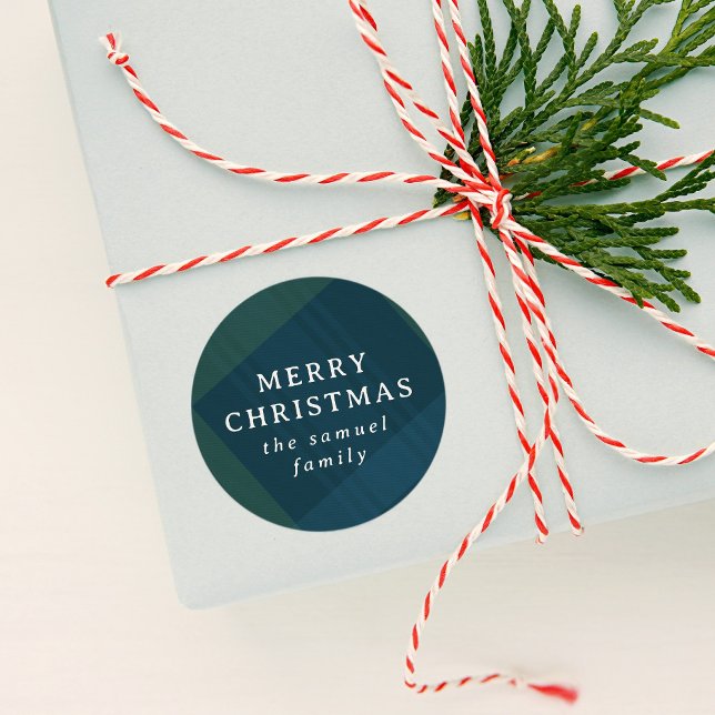 Merry Christmas classic holiday plaid personalised Classic Round Sticker (Creator Uploaded)