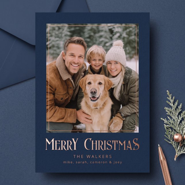 Merry Christmas Classic Photo Foil Frame - Navy (Simulated card on table)