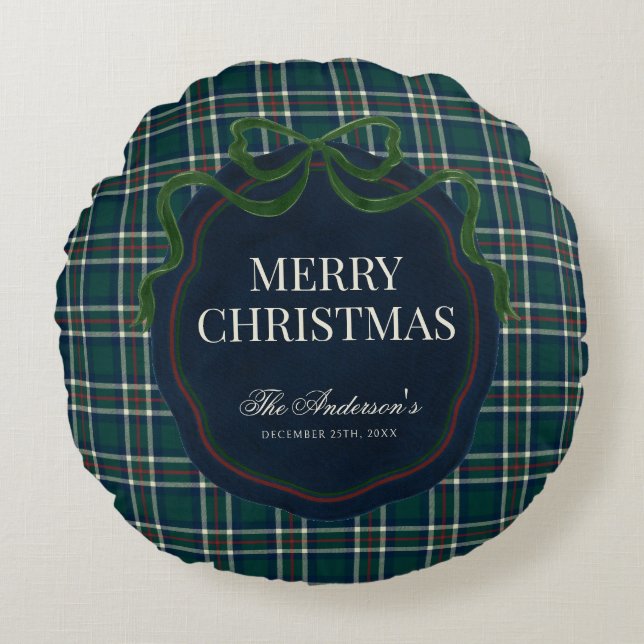 Merry Christmas Classic Preppy Tartan Plaid Round Cushion (Front)