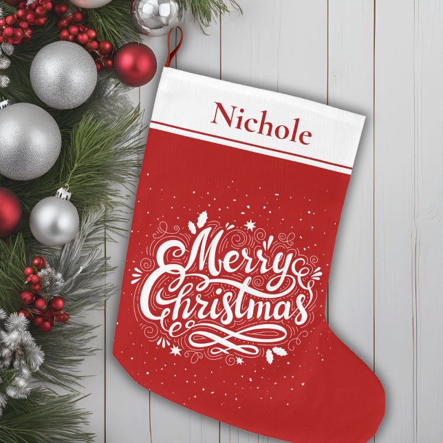 Merry Christmas Classic Red and White Personalised Large Christmas Stocking (Merry Christmas Classic Red and White Personalized Large Christmas Stocking)