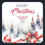 Merry Christmas classic red baubles and pines Square Sticker<br><div class="desc">Merry Christmas classic traditional red baubles and red ribbon snowy fir trees watercolor sticker</div>