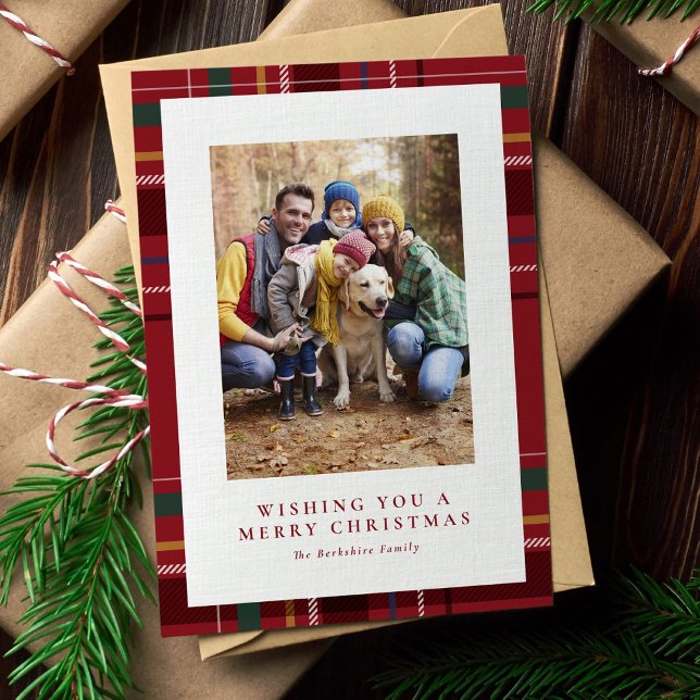 Merry Christmas classic red plaid one photo  Holiday Card (Creator Uploaded)