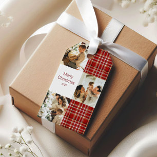Merry Christmas Classic Red Plaid Photo Collage Gift Tags