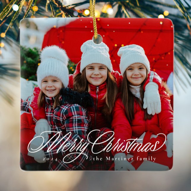 Merry Christmas classic script one photo holiday Ceramic Ornament (Creator Uploaded)