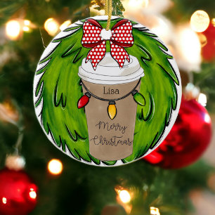 Merry Christmas Coffee Wreath Personalised Ceramic Tree Decoration