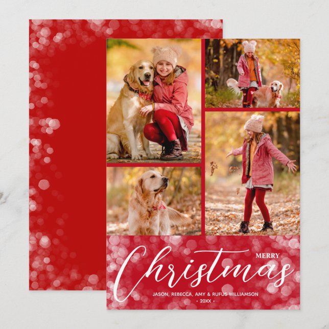 Merry Christmas Collage Multi-Photo Red Holiday Card (Front/Back)