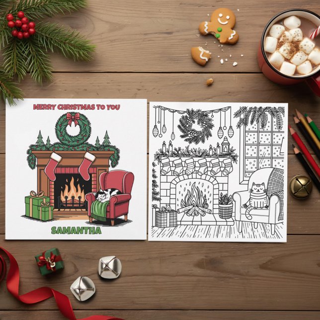 Merry Christmas Color Me Fireplace & Stockings Holiday Card (Creator Uploaded)