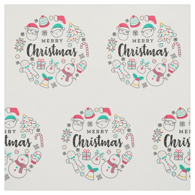Merry Christmas colorful drawing Fabric (Swatch)