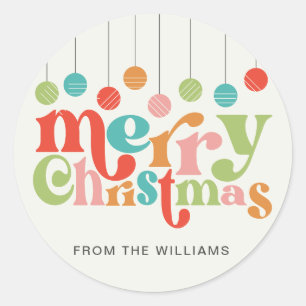 Merry Christmas Colorful Retro Ornaments Classic Round Sticker