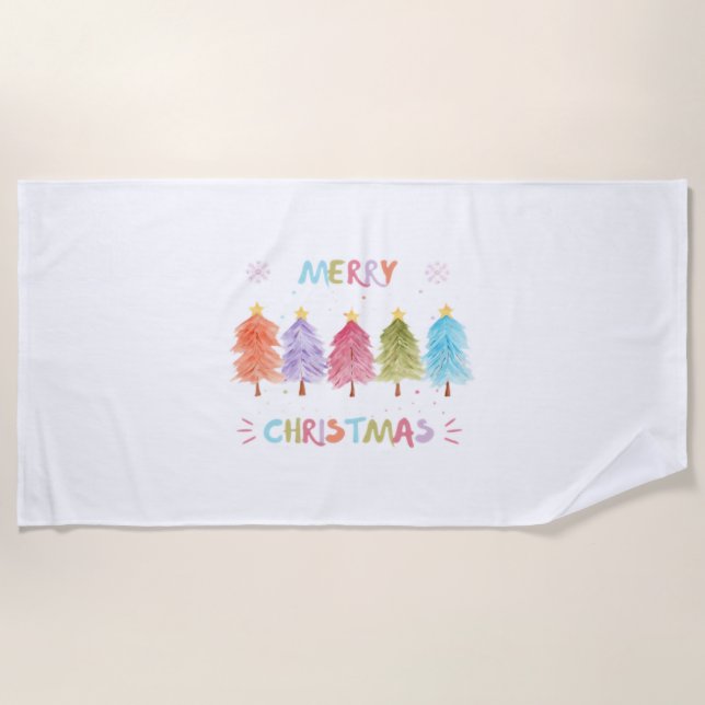 Merry Christmas Colorful Trees Essential Beach Towel (Front)