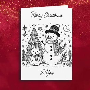 Merry Christmas Colour Me   Snowman and Bunny Card