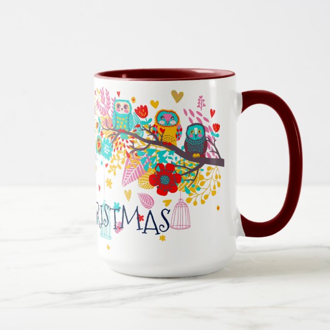 Merry Christmas Colourful owls & Flowers Mug (Right)