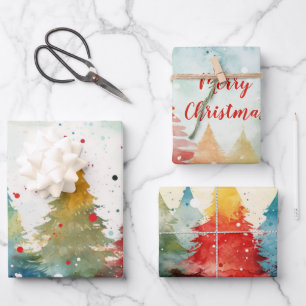 "Merry Christmas" Colourful Pine Trees Wrapping Paper Sheet
