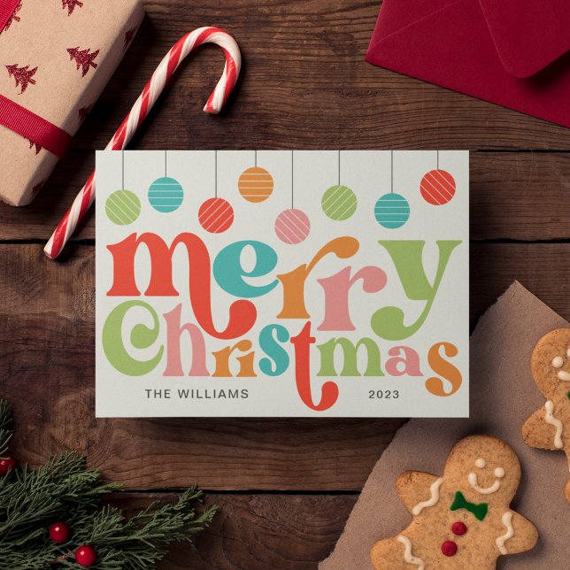 Merry Christmas Colourful Retro Ornaments Holiday Card (Creator Uploaded)