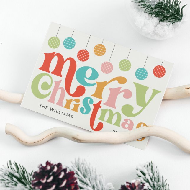 Merry Christmas Colourful Retro Ornaments Holiday Postcard (Creator Uploaded)