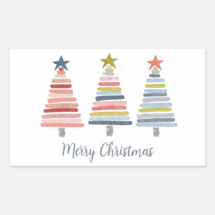 Merry Christmas Colourful Stacked Trees Rectangular Sticker