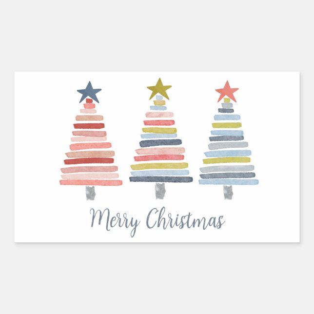 Merry Christmas Colourful Stacked Trees Rectangular Sticker (Front)