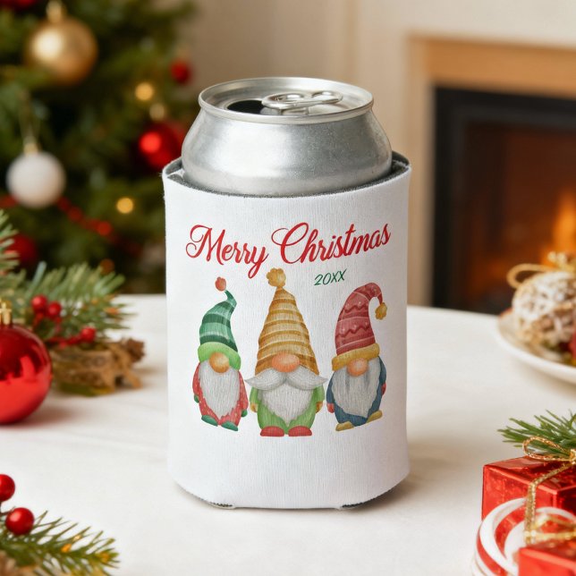 Merry Christmas Colourful Watercolor Garden Gnomes Can Cooler (Creator Uploaded)