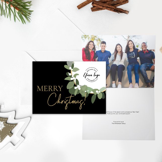 Merry Christmas Company Logo Custom Team photo Holiday Card (Custom team photo merry Christmas corporate holiday card, wreath with logo.)