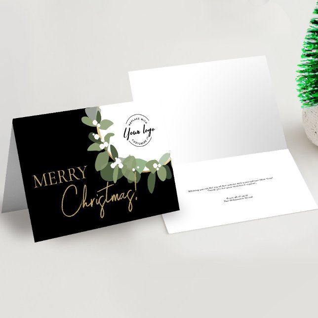 Merry Christmas Company Logo Gold black Custom Holiday Card (Minimal Folded Modern Wreath Custom business logo Merry Christmas Card)