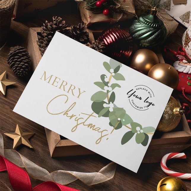 Merry Christmas Company Logo Gold white Custom Holiday Card (Merry Christmas logo wreath Holiday business greeting folded card)