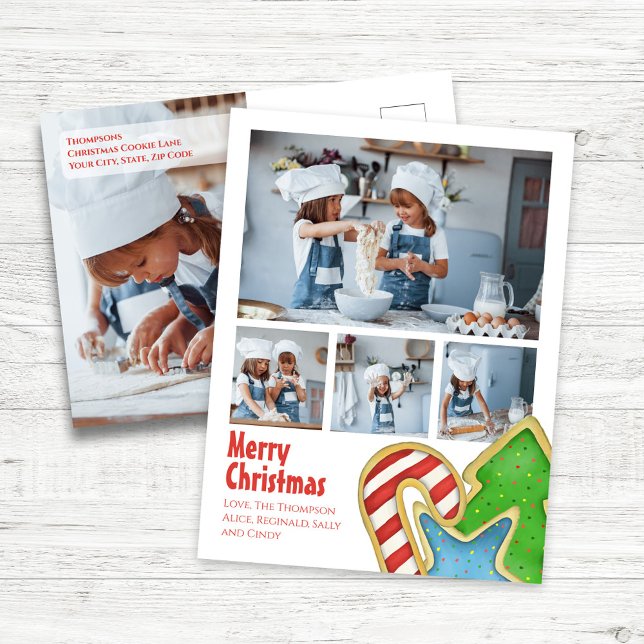 Merry Christmas Cookie Photo Collage Greeting Holiday Postcard (Merry Christmas Holiday Photo Postcard Template with watercolor Christmas Cookies,)