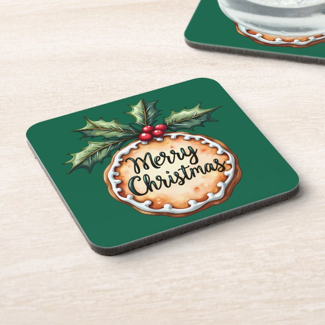 Merry Christmas Cookie with Holly Berries Coaster (Left Side)