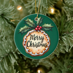 Merry Christmas Cookie with Holly Berries Green Ceramic Tree Decoration