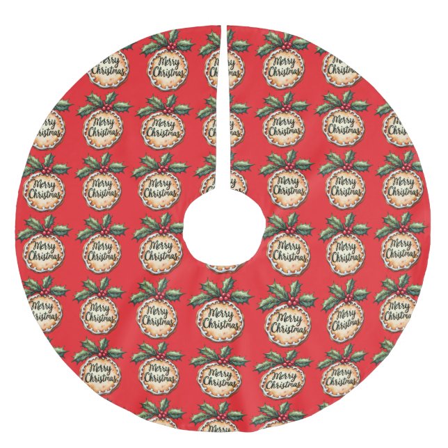 Merry Christmas Cookie with Holly Berries Red Brushed Polyester Tree Skirt (Front)