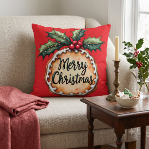 Merry Christmas Cookie with Holly Berries Red Cushion