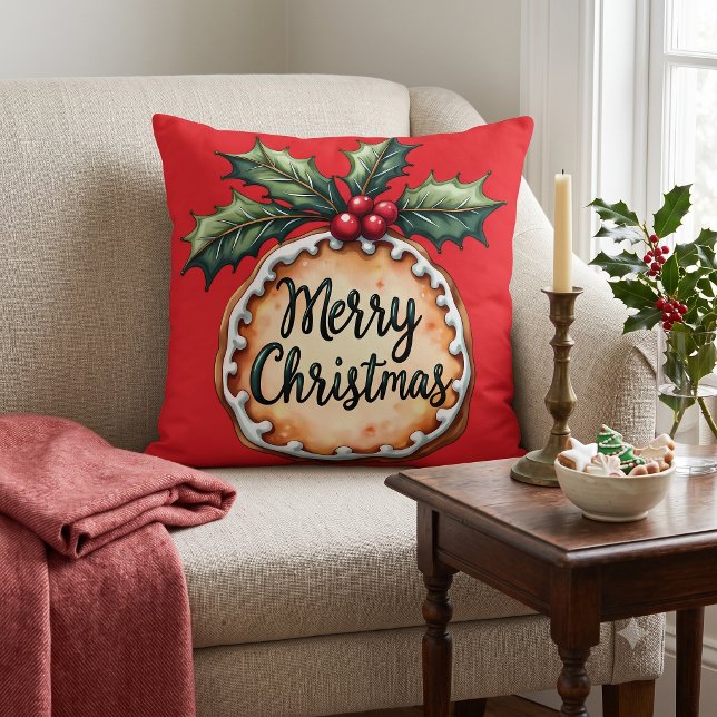 Merry Christmas Cookie with Holly Berries Red Cushion (Merry Christmas Cookie with Holly Berries Red Throw Pillow)