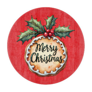 Merry Christmas Cookie with Holly Berries Red Cutting Board