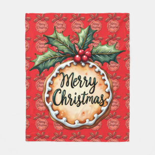 Merry Christmas Cookie with Holly Berries Red Fleece Blanket