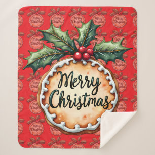 Merry Christmas Cookie with Holly Berries Red Sherpa Blanket