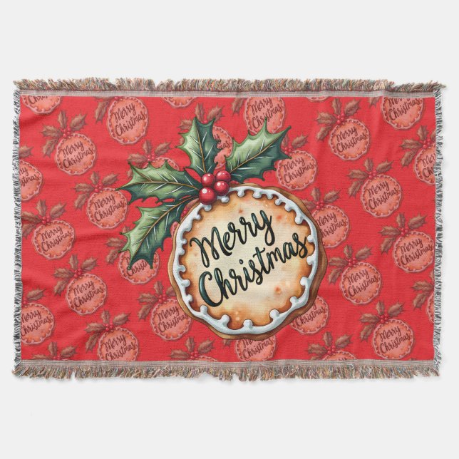 Merry Christmas Cookie with Holly Berries Red Throw Blanket (Front)