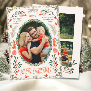 Merry Christmas Coquette Botanical 3 Photo Holiday Card