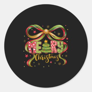 Merry Christmas Coquette Bow Preppy Xmas Tree Girl Classic Round Sticker
