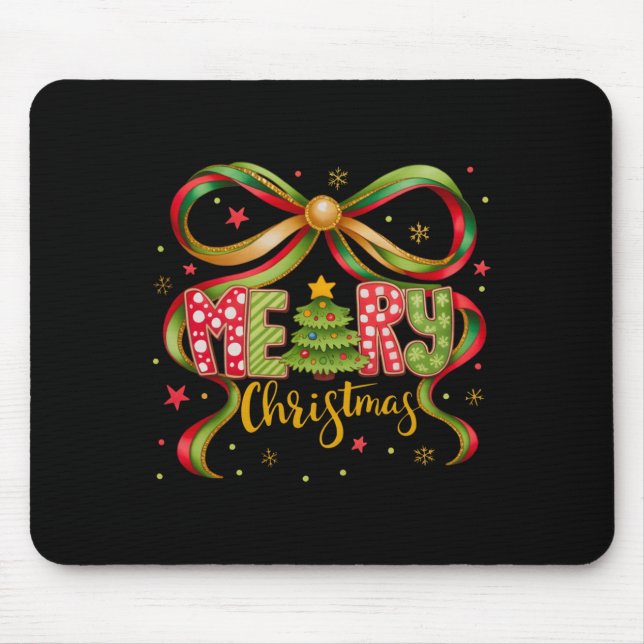 Merry Christmas Coquette Bow Preppy Xmas Tree Girl Mouse Pad (Front)