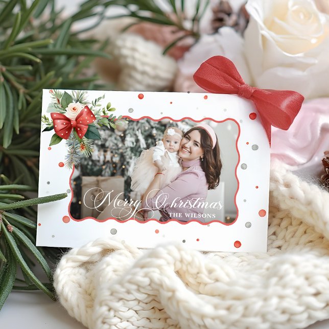 Merry Christmas Coquette Bow, Ribbon Frame 1 Photo Holiday Card (Creator Uploaded)