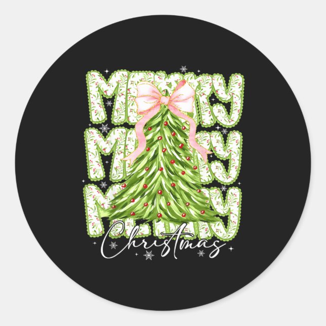 Merry Christmas Coquette Bow Tree Xmas Holiday Gir Classic Round Sticker (Front)