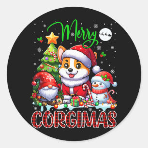 Merry Christmas Corgi Cute Santa Corgi Gnome Snowm Classic Round Sticker