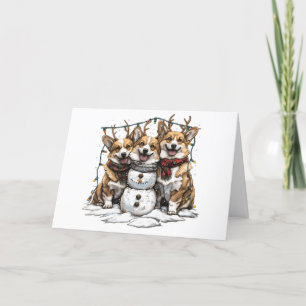 Merry Christmas Corgi Dogs Snowman Holiday Card