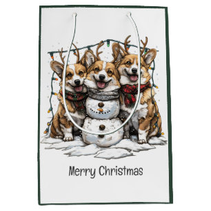 Merry Christmas Corgi Dogs Snowman Medium Gift Bag