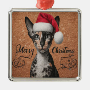 Merry Christmas Cornish rex Cat, Xmas Santa Kitty Metal Tree Decoration