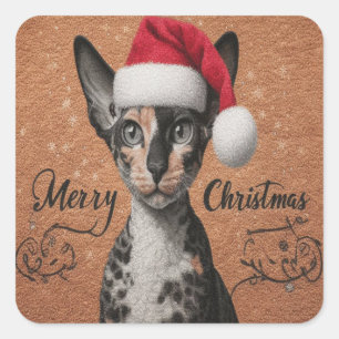 Merry Christmas Cornish rex Cat, Xmas Santa Kitty Square Sticker