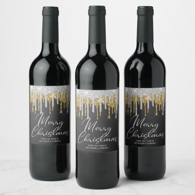 Merry Christmas Corporate Holiday Chic Glitter Wine Label (Bottles)